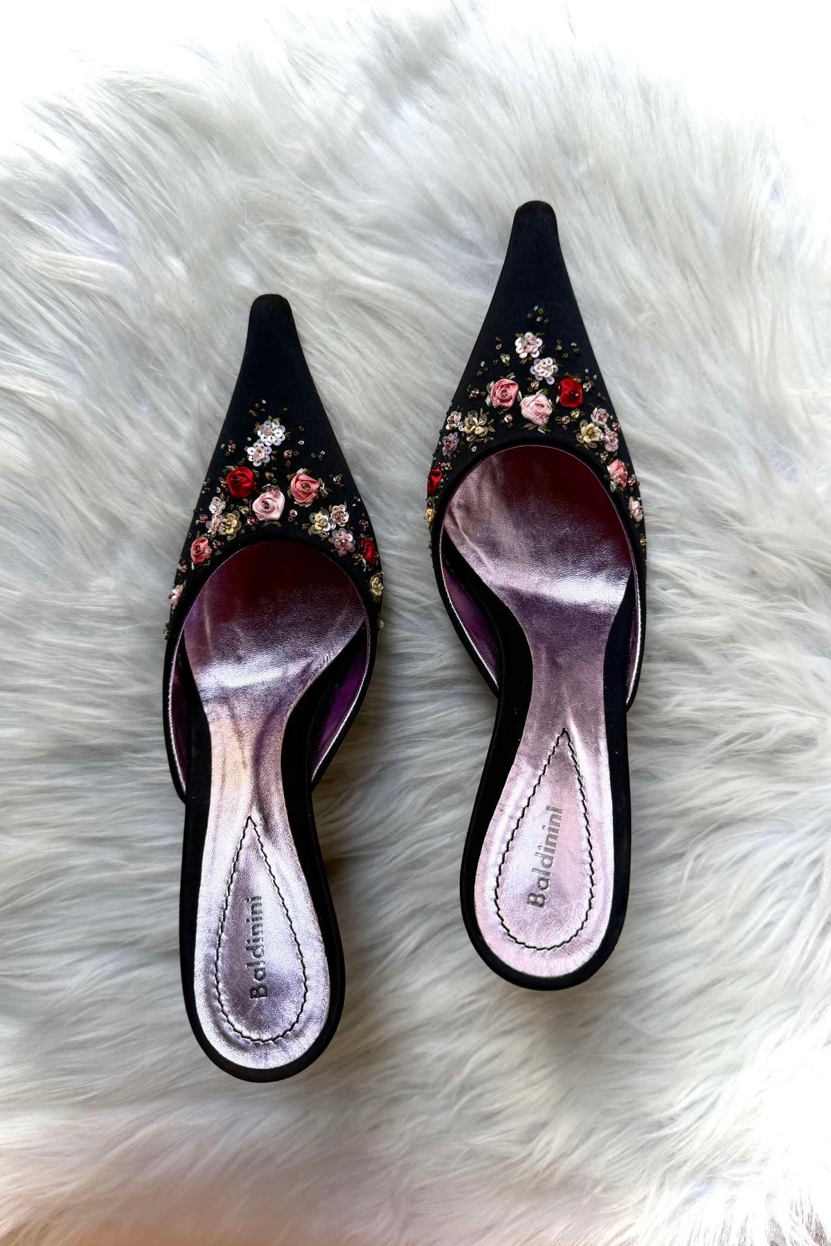 BALDININI SABOT VINTAGE Y2K IN SATIN CON RICAMI