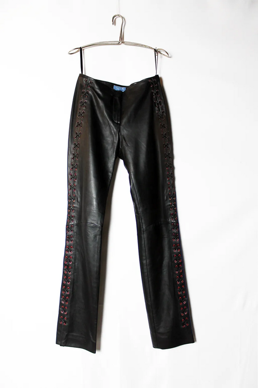 THIERRY MUGLER PANTALONI IN PELLE VINTAGE 2000s CON LACCI STILE CORSETTO
