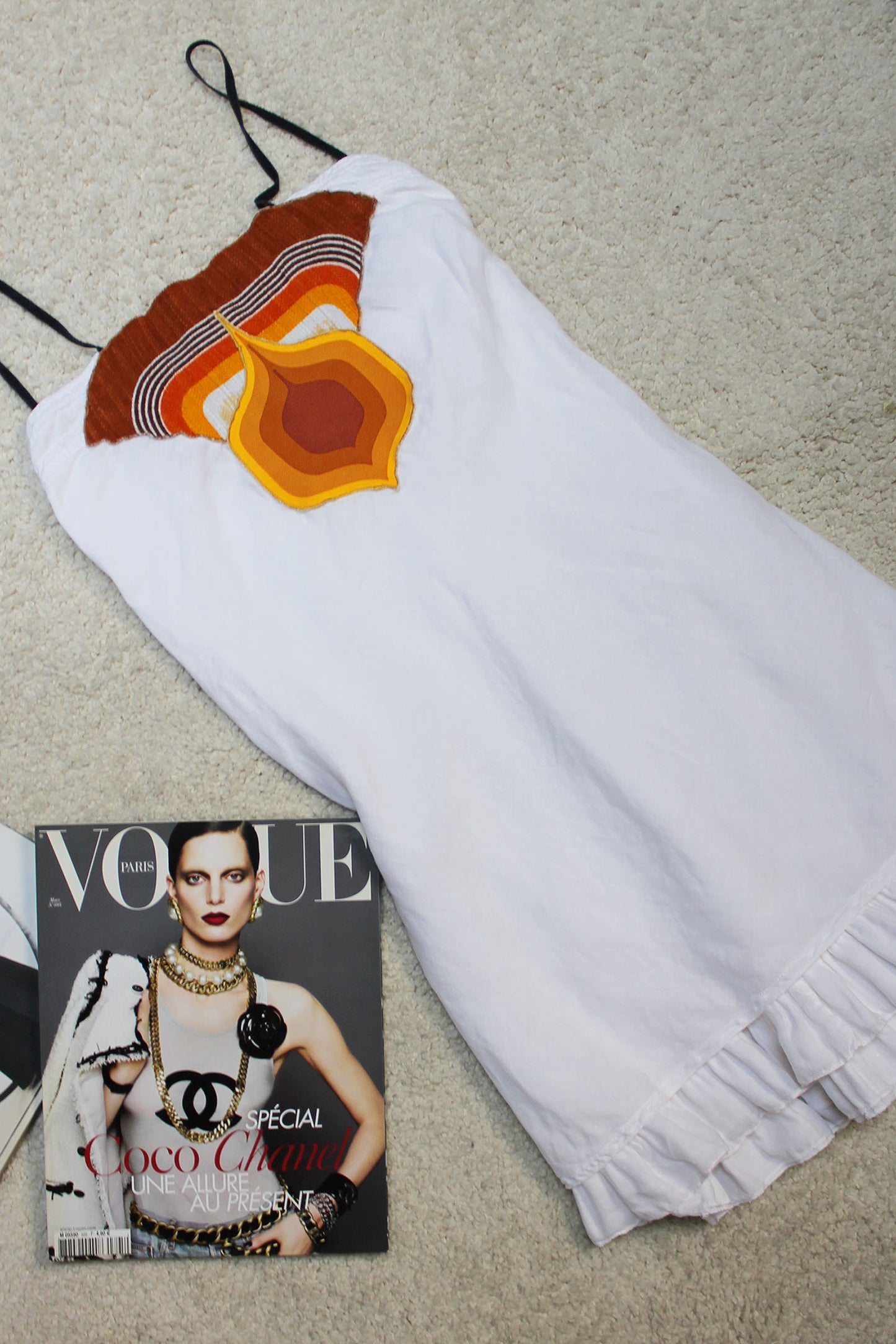 MIU MIU SPRING 2005 ARCHIVE WHITE COTTON DRESS WITH JACQUARD PATCH