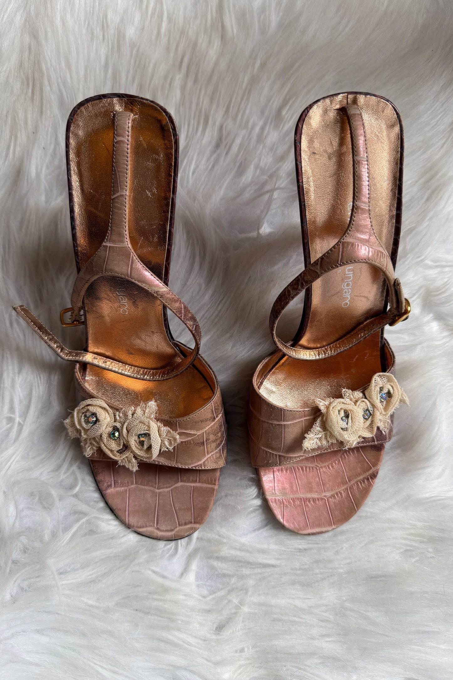 VINTAGE Y2K CROCODILE-EMBOSSED LEATHER SANDALS WITH CRYSTALS – IT 38