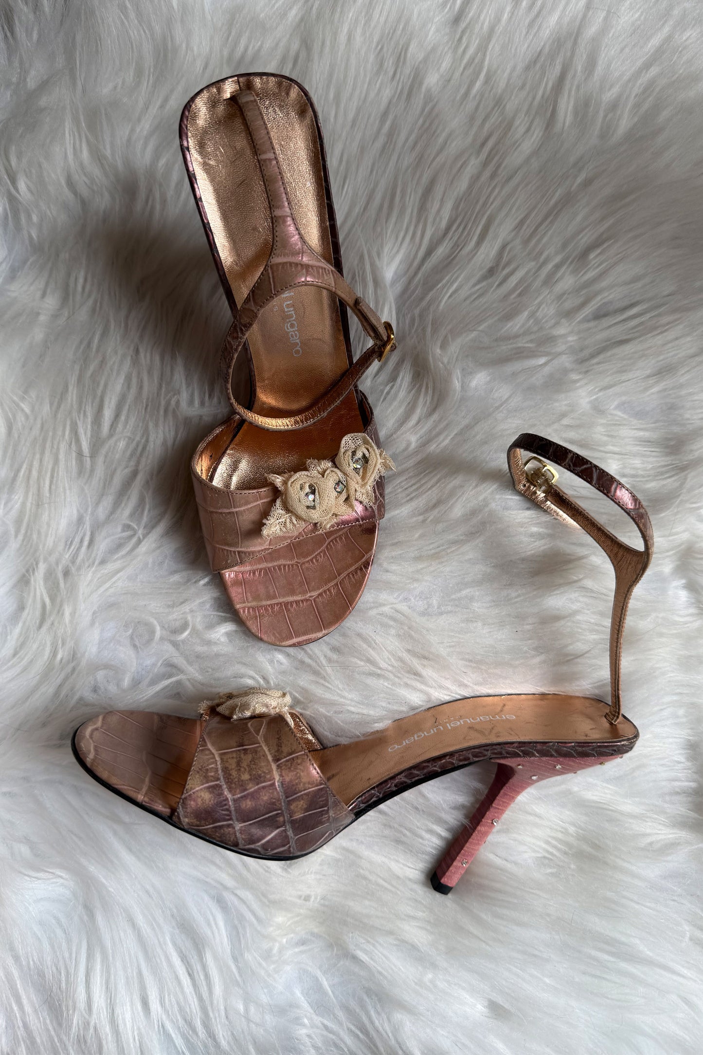 VINTAGE Y2K CROCODILE-EMBOSSED LEATHER SANDALS WITH CRYSTALS – IT 38
